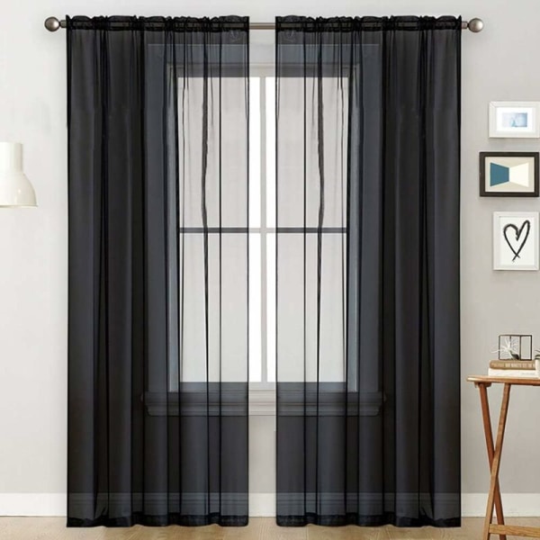 Transparent Curtains Living Room Rod Pocket Window Curtain Panels Bedroom Semi Sheer Voile Curtains Sheer Curtains-Black