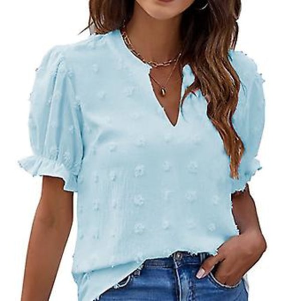 Dame Chiffon Skjorter Casual Sommer Topper Puff Korte Ermer V-Hals Sveitsisk Prikk Pom Pom Bluser for Arbeid Reise Fest Himmelsblå M