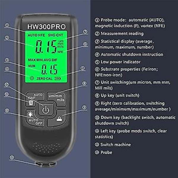 -300pro Lagtykkelsesmåler 0-2000um Biltykkelsesmåler Automotive Meter()
