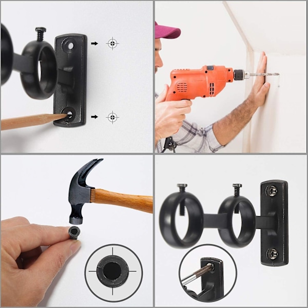 2-pakks dobbel kroker gardinstangbraketter for stue soverom gardinstang stang holder (svart) (2stk)