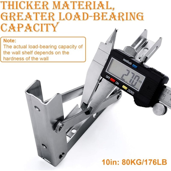 Loiion fällbar konsol 250 mm, fällbara hyllkonsoler maximal belastning 80 kg, fällbar konsol i rostfritt stål, väggkonsol (2 st)