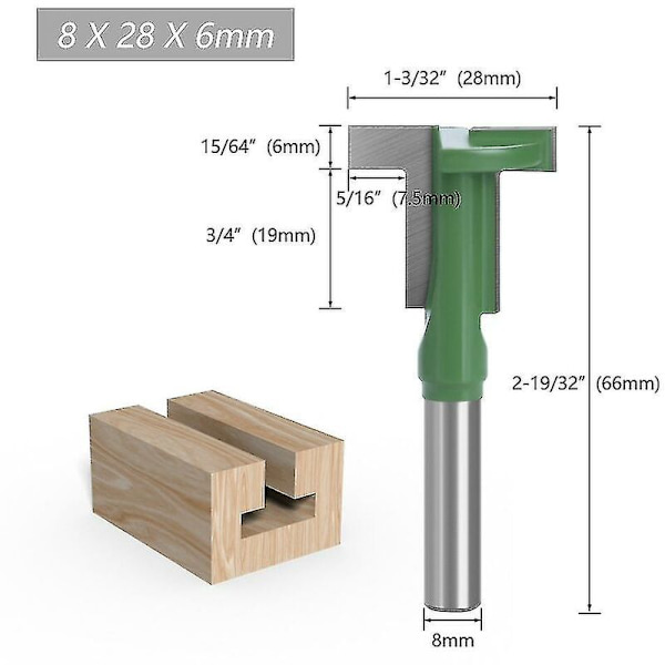 8 mm skaft T-spår frässtålset kompatibel med trä träbearbetningsbit A