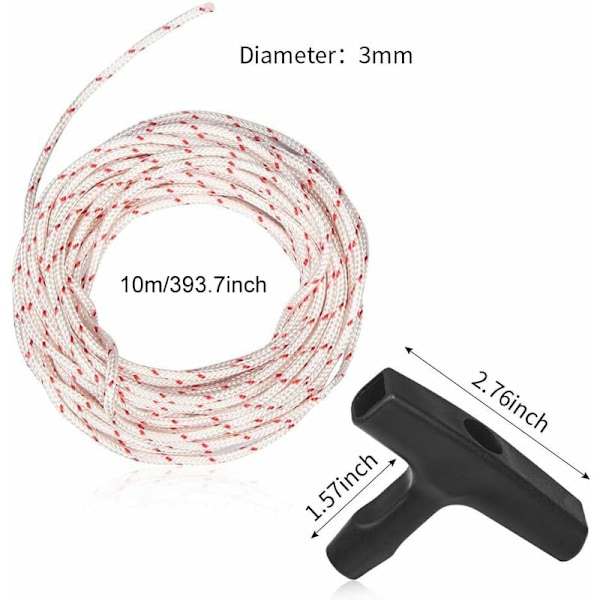 Tilbaketrekkstarter Tau 10 Meter 3.0mm, Trekktau med 3 Stykker Starterhåndtak for Gressklipperdeler Motorsag Trimmer Busktrimmer Motor