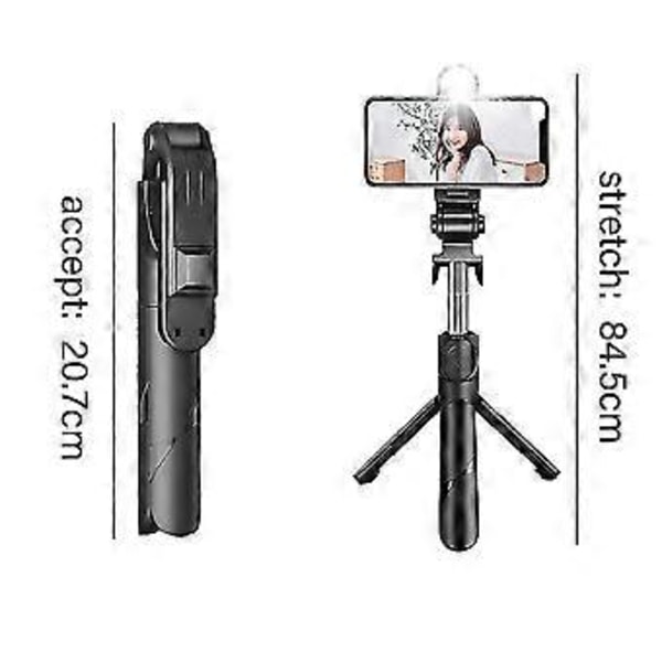 Selfie Stick Tripod med Fjernbetjening og LED-lys, Udtrækkelig Selfie St...