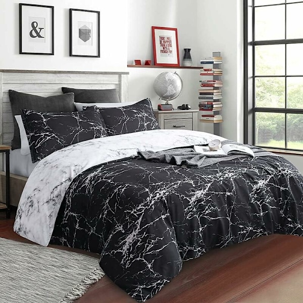 Duvet cover 200x200cm + 2 x pillowcases 50x75cm - Black and White Marble Reversible 2 Person Adult Bed Set