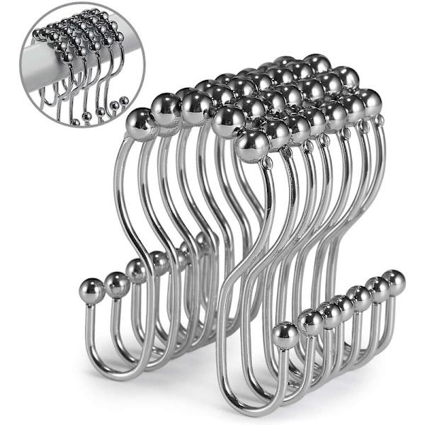 12-pack duschdraperikrokar, rostfria dubbla glidande anti-droppkrokar för badrum duschdraperi (krom)