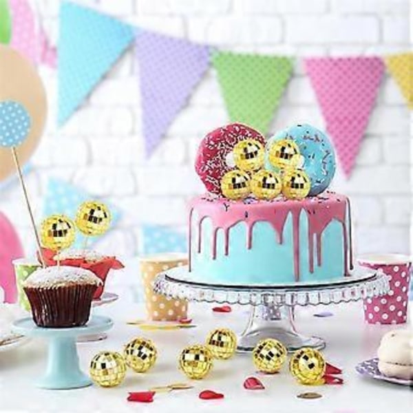 24 STK. Diskokugle Cupcake Toppers Diskokugle Cupcake Picks Reflekterende Spejlkugle Kage Toppers Disko Dekorationer Guld