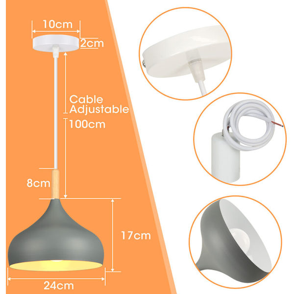 Modern nordisk taklampa i metall och trä med justerbar lampskärm för inomhusbruk, grå
