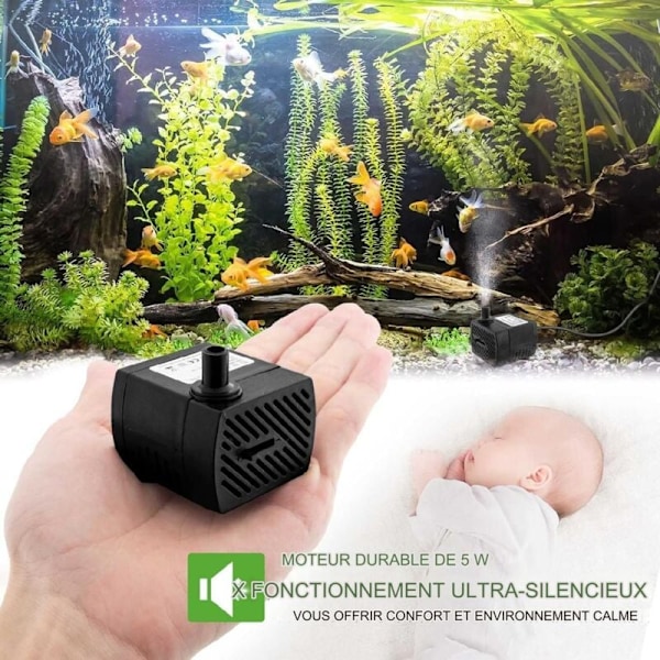 Mini vannpumpe (350L/T, 5W), ultra stille akvariepumpe med høy hub, med 5ft strømkabel, 2 dyser for dam, fontene, statuer, hydroponics