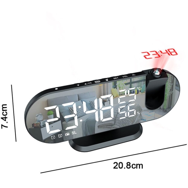 Projektionsväckarklocka, LED-speglad sängklockradio med 180° projektor, dubbla alarm, USB-laddare, 12/24 timmar, snooze-modell, radioklocka