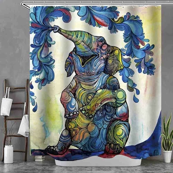 Bruseforhæng 180 x 180 cm Vandtæt Anti-Mould Polyester Badeforhæng med Kroge 3D Digital Print Elefant