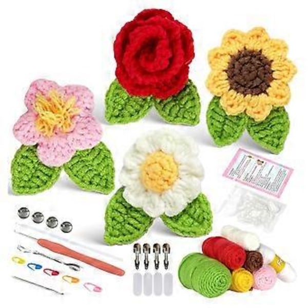 Hæklesæt til begyndere, Hæklesæt til blomsterbroche for begyndere til voksne, med trin-for-trin video-tutorials og garn