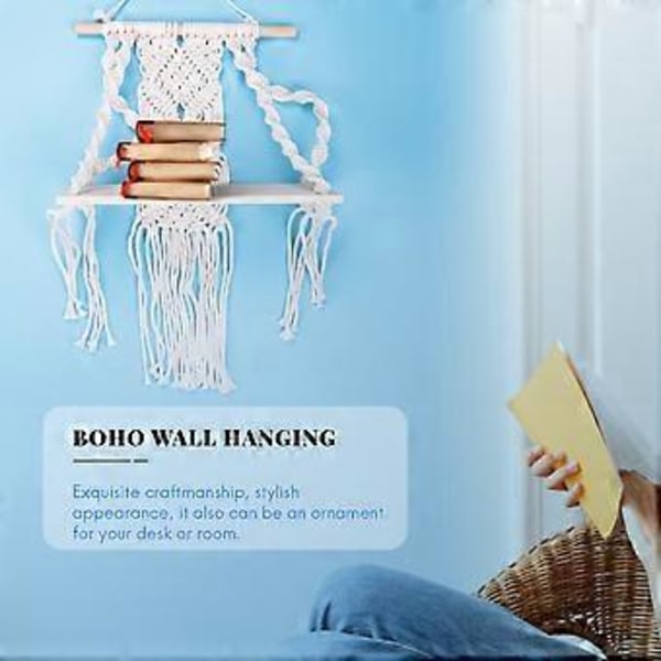 Boho Makramé Väggbonad Hylla Handgjord Vävd Tapetserihylla Trä Flytande Förvaringshängare för Hemväggdekor