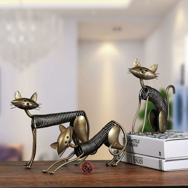 Smijern fjær katt ornamenter, metall katt skulptur kunst vår håndverk hjem dekorasjon (katt sete)