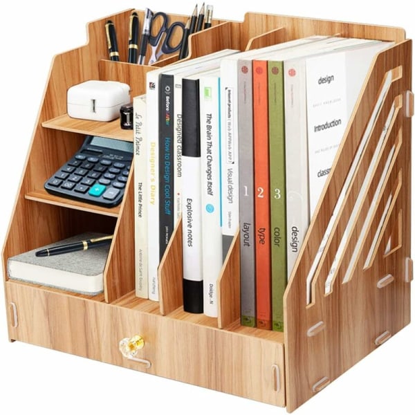 Træskrivebordsarrangør, multifunktionel gør-det-selv-skrivebordsopbevaringshylde, dokumentmagasinopbevaringshylde til arkivbreve til kontor, hjem og miljø