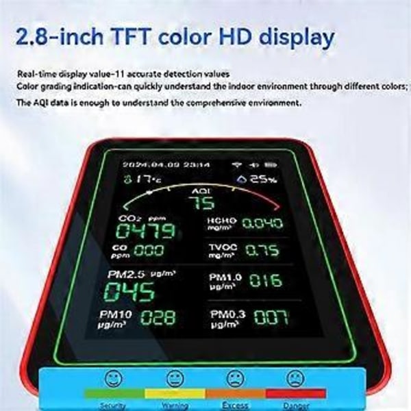 15 i 1 Luftkvalitetsdetektor Bærbar TVOC HCHO, PM2.5 PM10 PM1.0 PM0.3 Temperatur Fugtighedstester Multi Ur