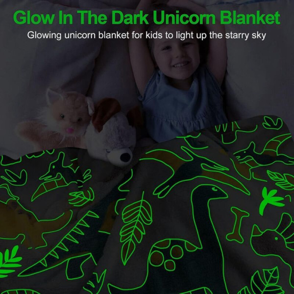 Tæppe til drenge, Glow in the Dark-tæppe til børn, Tæppe til småbørn til drenge, Dinosaurgaver til drenge/børn (B)