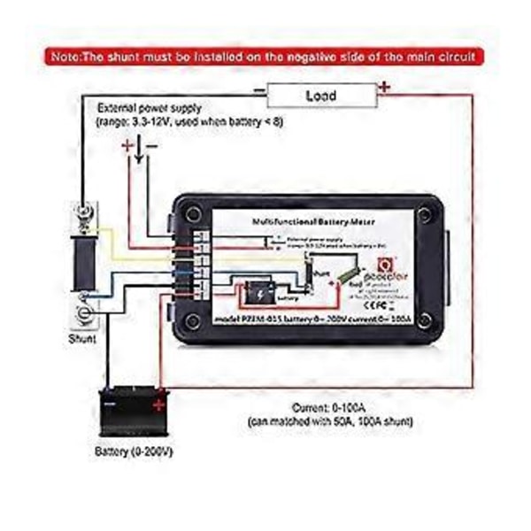 DC Batteriövervakare Effektmätare Amperemeter Digital DC 0-200V Shunt 100A Multimeter, Mätare Voltmeter Kapacitet