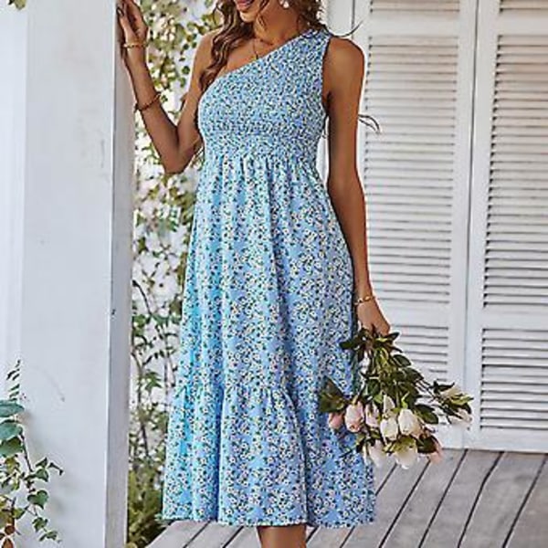 Kesäkukkakuvioinen mekko naisille, rento, yhdistetty helma, hihaton, olkaimeton, rypytetty mekko treffeille, sininen L