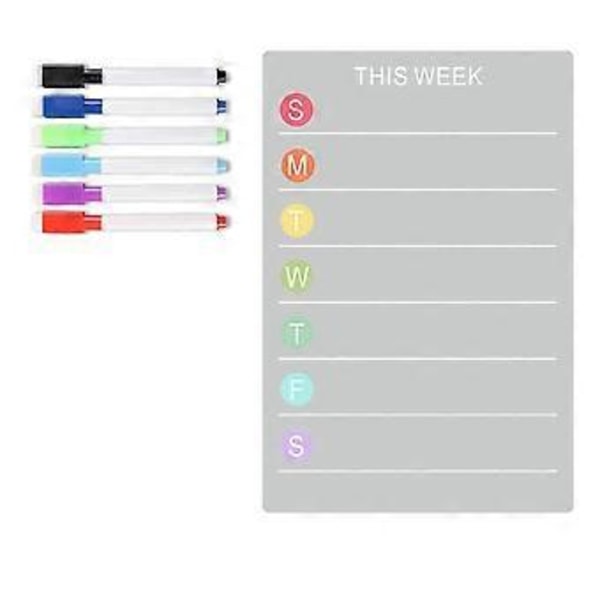 Magnetisk whiteboard for kjøleskap, transparent akryl meldingsbrett, tavle, ukeplanlegger 20x30 cm med 6 fargemarkører for kjøkkenkjøleskap