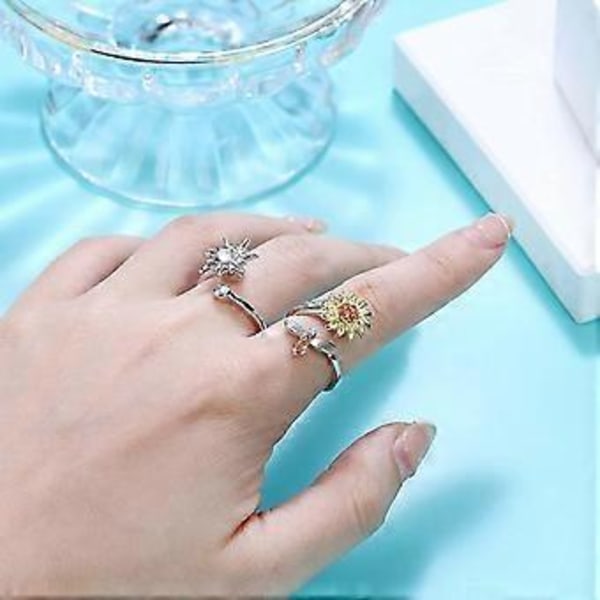 Antistressring Vitguldpläterad Öppen Justerbar Solros Bi Fjäril Antistressringar Set