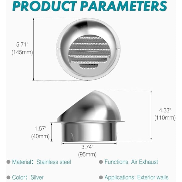 Ventilationsgitter, 100mm Rund Væg Hætte Ventilation, Ventilationsudluftningsgitter Fremstillet af 304 Rustfrit Stål med Myggenet