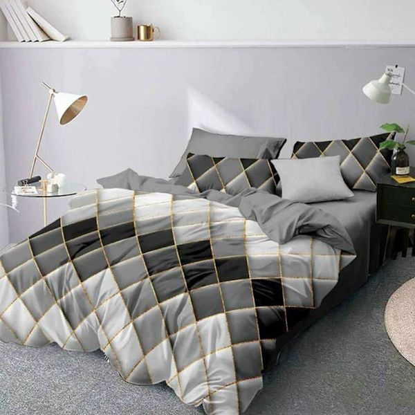 Fashion Unique 3D geometrisk stripet trykt dynetrekksett, 3-delt nordisk stil minimalisme dobbelt størrelse mikrofiber dynetrekksett med gul