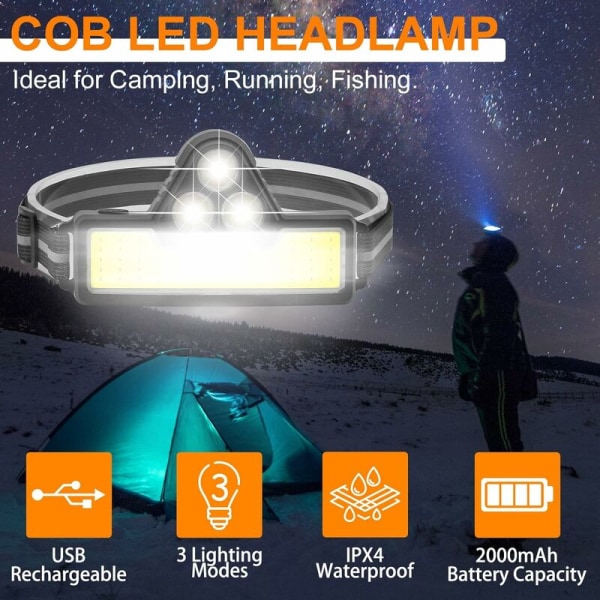 Genopladelig LED-hovedlampe COB-hovedlygte, 3 lystilstande, IPX4 vandtæt hovedlygte til cykling, fiskeri, løb, camping