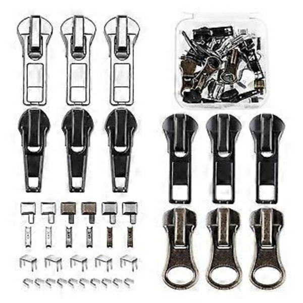 Dragkedjereparationssats, 5 Dragkedje Ersättnings Slider Kit, Dragkedjor Drag Nedre Stopp och Övre Stopp Fix Dragkedja på