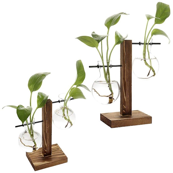Hydroponiska växtvaser med trästativ, skrivbord genomskinlig glaskula form vas terrarium planterhållare för kontor skrivbord bröllopsdekor, 2-glas