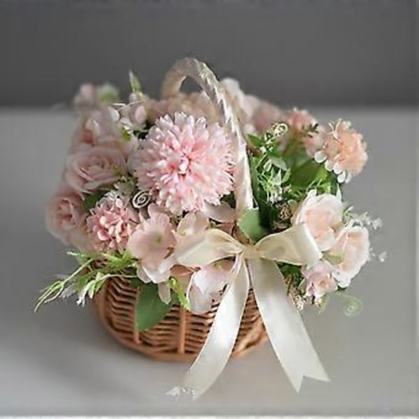 Flettet blomsterkurv i kurv, med håndtak og hvitt bånd, bryllupskurver for blomsterjenter, til hjemme- og hagedekorasjon (L)