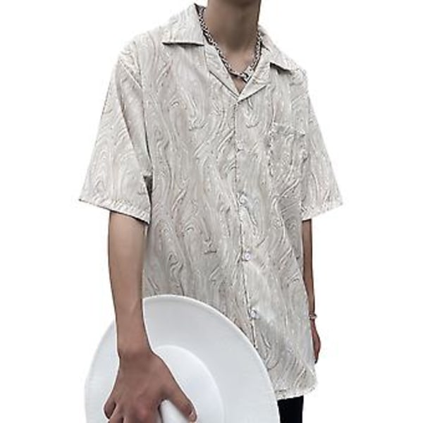 Sommerskjorte til mænd, polyester, nedadvendt krave, oversized skjorte, komfortabel løs halværmet top, abrikosfarvet XL