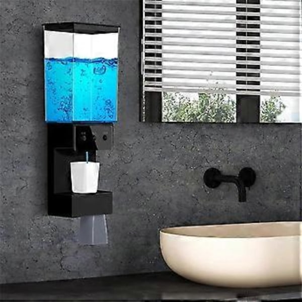Munnskyll dispenser for bad, berøringsfri 650ML, veggmontert automatisk munnskyll dispenser med 2 stk magnetiske kopper