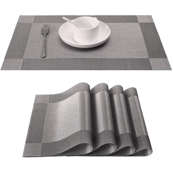 4 st placemats PVC halkfria miljövänliga tvättbara placemats - placemats för kök, trädgård, matsal (silver)