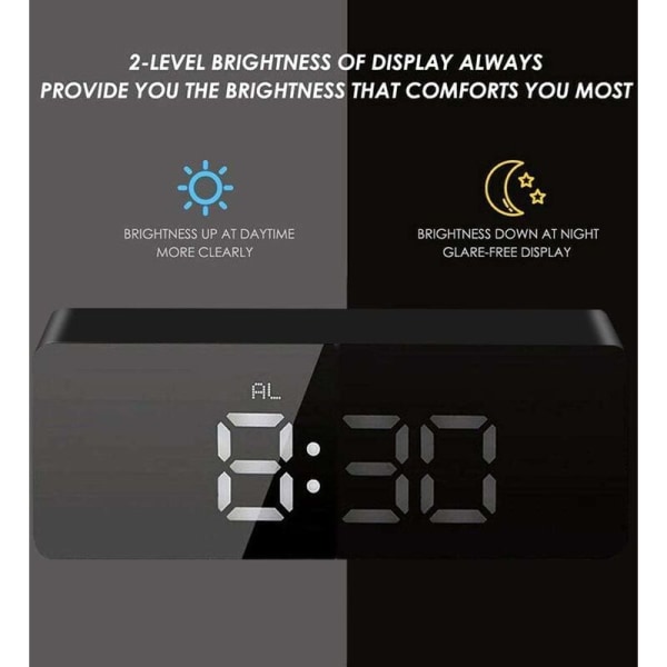 Spegelväckarklocka, digital väckarklocka med datum/temperatur/snooze/2 larm/USB-laddningsport LED-display, för resor sovrum kontor kök