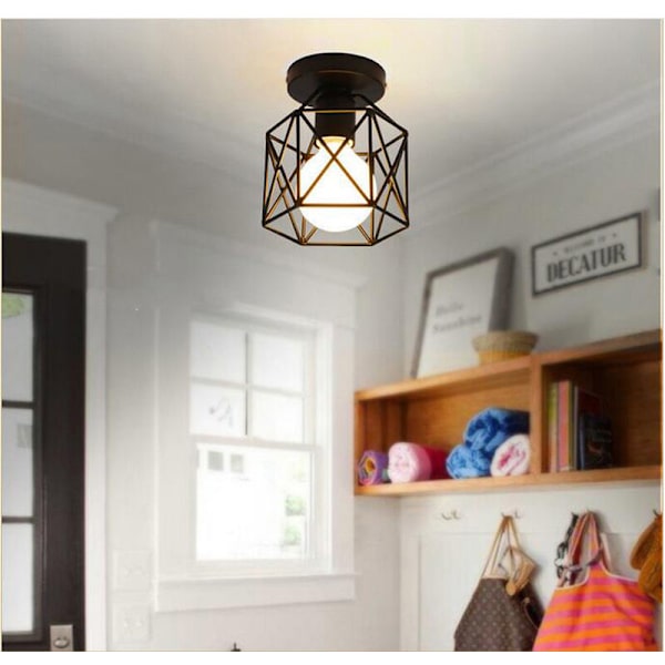 Retro loftslampe semi-flush loftlampe pendellampe metal bur hængende armatur - sort