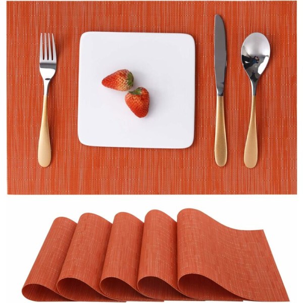 Bordsunderlägg Set om 6, Bordsunderlägg Bordsunderlägg Tvättbara halkfri värmeisolering Vävd vinyl för kök Matrestaurang 18X12 (orange)