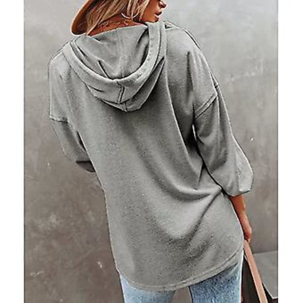 Blus Långärmad V-ringning Knapp Enfärgad Casual Trendig Hooded Toppar för Kvinnor Grå M