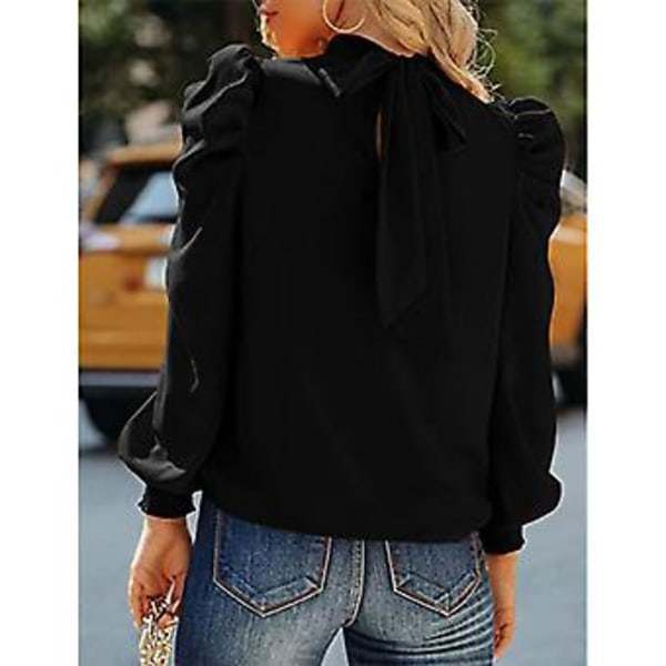 Dam Långärmad Puffärm Topp Skjorta Trendig Elegant Lös Casual Enfärgad Höghalsad Blus för Arbete Svart L