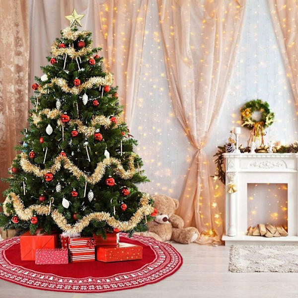 Julgransmatta, 122 cm stickad julgransmatta med snöflinga tjock julgran rustik semesterdekorationer matta topper träd T