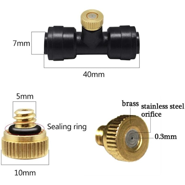 1/4'' Låsemistdyse-sett 12X Messingmistdyse 0,3 mm 10/24 Unc + 10X Dyse-T + 1X Lokk, Mistdyse for Patio Misting System