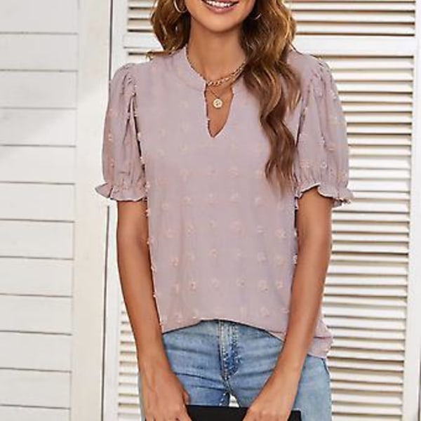 Dame Chiffon Skjorter Casual Sommer Topper Puff Korte Ermer V-Hals Sveitsisk Prikk Pom Pom Bluser for Arbeid Reise Fest Lys Lilla XXL