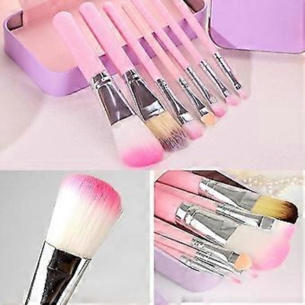 Børne Makeup Børster, 7 stk. Makeup Børstesæt Foundation Øjenbryn Eyeliner Børste Kosmetiske Concealer Børster Til Børn Piger, Kvinder Rejse - Pink Med Etui