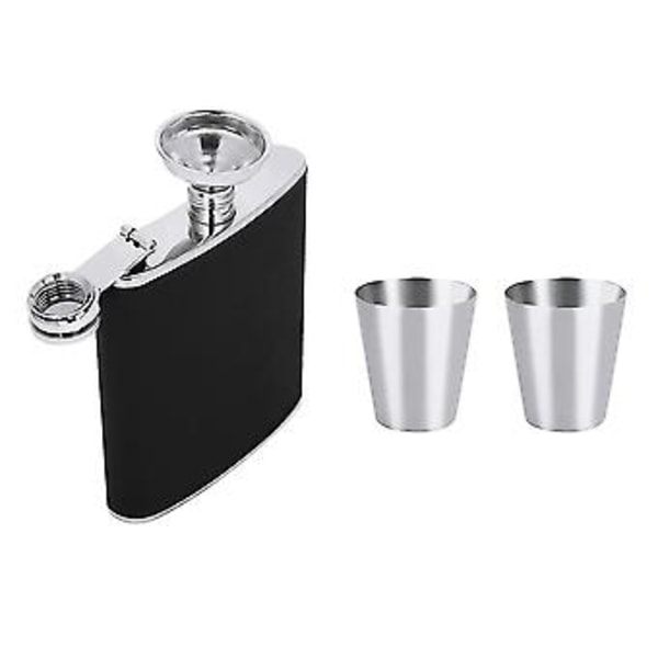 Rostfri Fickplunta Svart Läder Tratt med Två Vinglas Set för Födelsedagspresent (6oz)