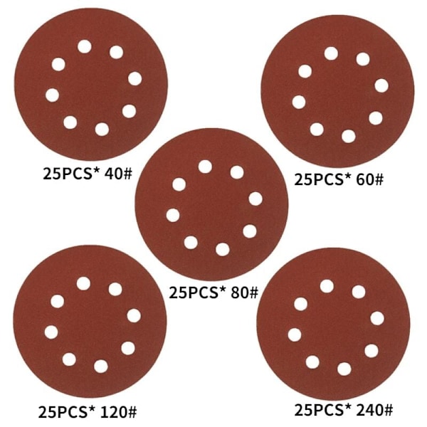 5" Round Polishing Discs - Grit 40-125, 8 Holes, 125pcs