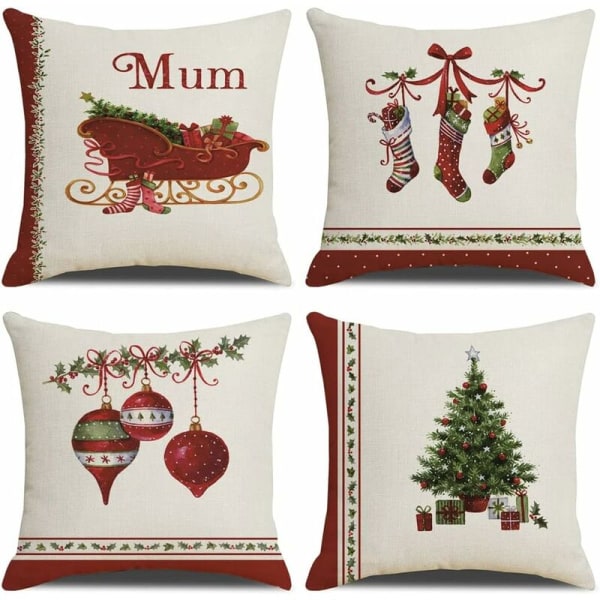 Julepudebetræk 45x45cm, Sæt med 4 Juledekorative Sofa i Bomuld og Linned Jul til Sofa Seng Sovestol Have-Glædelig Jul