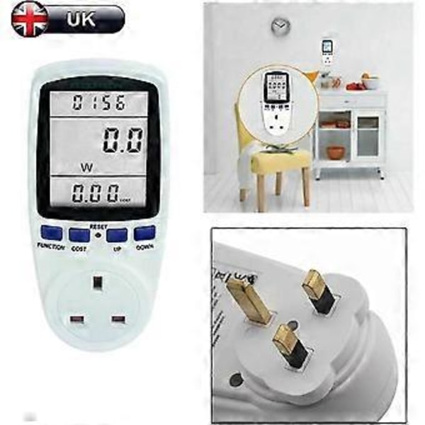 Elförbrukningsmätare, elmätare för strömförbrukning, energimätare med timer, watt Kwh-analysator, plug-in med LCD-display för hem och hotell