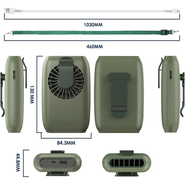 Mini USB-vifte 2000mAh bærbar vifte midjevifte hengende nakkevifte bordvifte med 3 hastigheter - Grønn