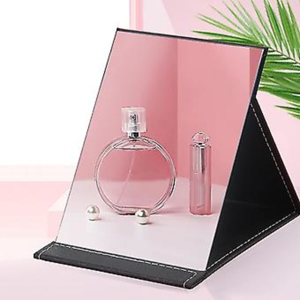 Rejse Sammenklappeligt Spejl PU Læder Bordplade Spejl Makeup Spejl Med Stativ Kompakte Spejle (21 * 15cm / 8.26 * 5.9in , Sort) (d-4-)