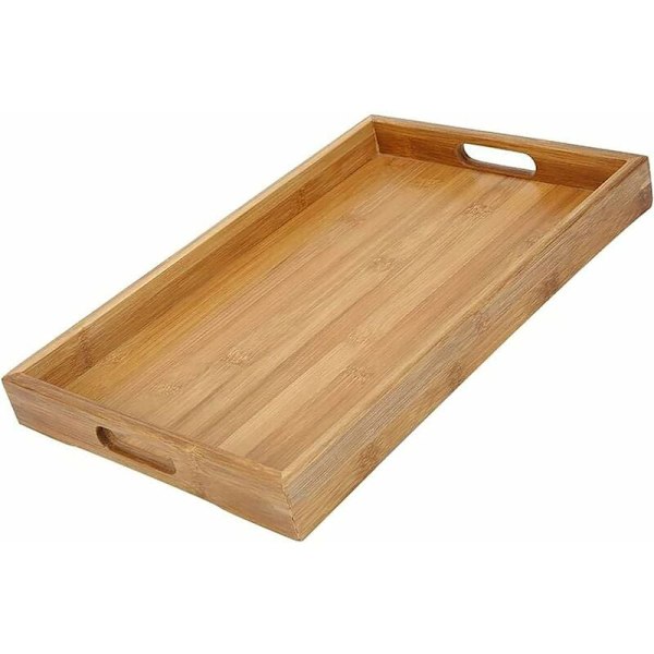 Bamboo Serving Tray, Bamboo Tea Tray, Wooden Fruit Tray, Meal Tray with Handle, Tea Serving Tray, for Snacks, Bread, Fruit, Coffee, Milk(38 x 25 x 4